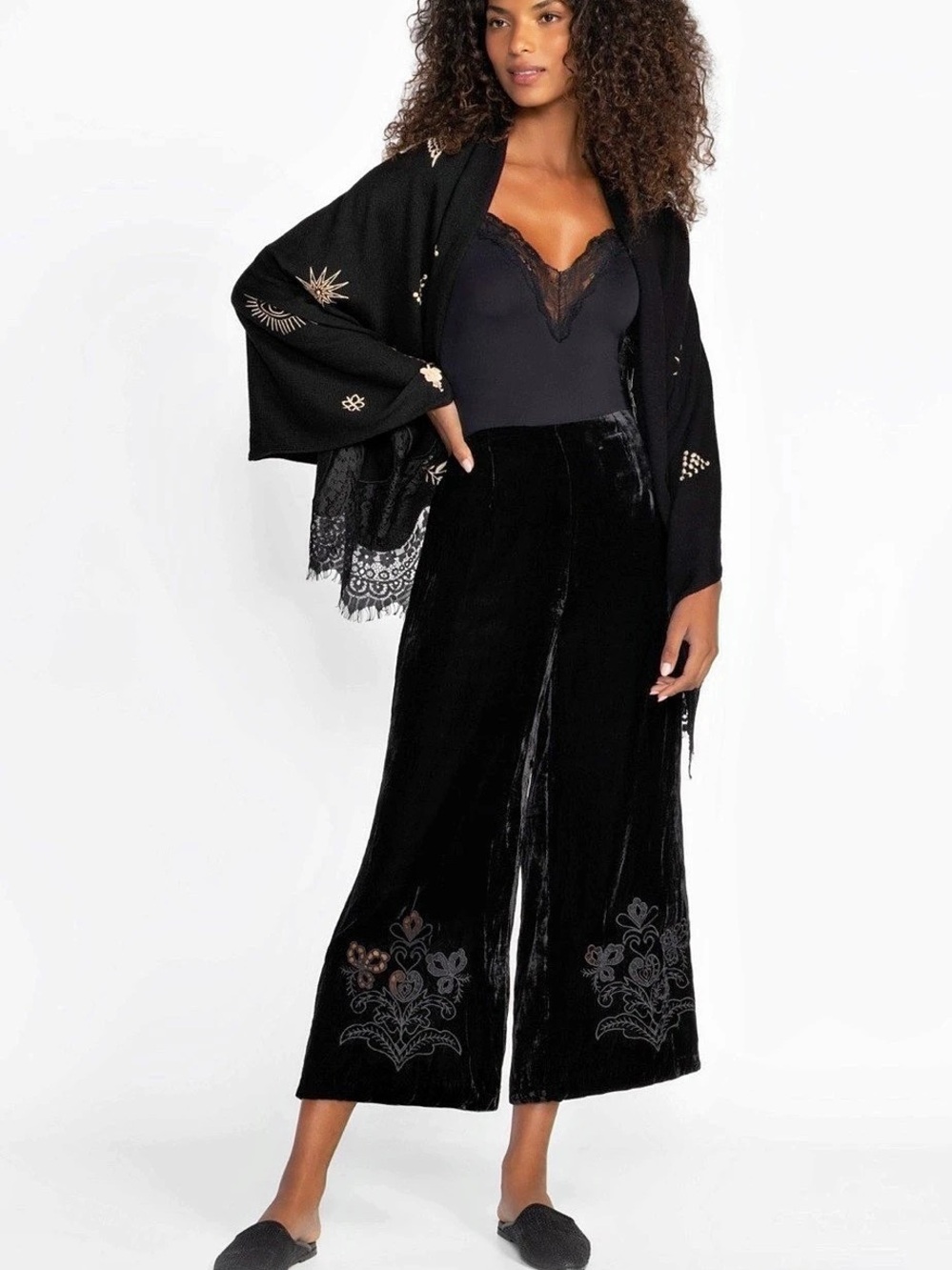 New🌺$398Johnny Was Lilith Wide Leg Cropped Pants Black Embroidered Silk Blend 12